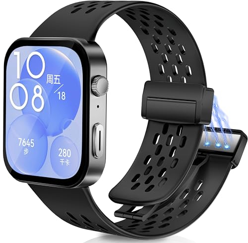 Snyeest Sport Magnetisch Armbänder Kompatibel mit Huawei Watch Fit 3 Armband, Magnetverschluss Atmungsaktives Silikon Weiches Uhrenarmband Zubehör für Huawei Watch Fit 3 Frauen Männer,Schwarz