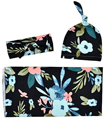 Weiche Baby-Wickeldecken, Hut, Stirnband-Set für Jungen, Mädchen, dehnbar, Neugeborene, Blumenempfangsdecke, Säuglings-Wickeldecken, Wickeltücher, Fotografie-Requisiten Wir Bekommen (Black, One Size)