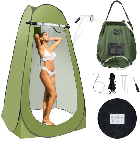 Tragbares Camping-Badezimmer-Duschzelt, Pop-Up-Pop-Up-Pavent-Umkleidezelt mit 1,8 l Duschtasche (Düse verbessert) (grün)