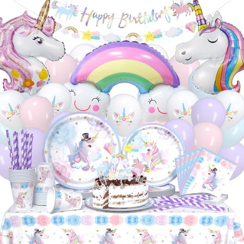 119 piezas unicornio fiesta vajilla juego de globos, fiesta de cumpleaños infantil arco iris unicornio decoración globo plato de papel para fiesta