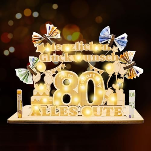 Idota 80 Geburtstag Deko Frauen & Männer - Geldgeschenke Geburtstag, Holz-Schild Gästebuch Geschenke zum 80 Geburtstag mit LED Lichterketten, Personalisierbares Geschenk,80 Geburtstag Geschenke Frauen