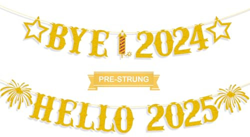 Giflloon Bye 2024 Hello 2025 Banner, No DIY Glitter Happy New Year Banner für Happy New Year Dekorationen 2025, Silvester Party Supplies 2025, Gold