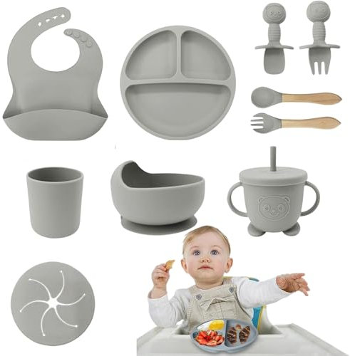 Cecaro Group -Set Pappa Svezzamento per Bambini in Silicone | Set 10 Pezzi con Piatto Ventosa, Ciotola, Cucchiaio, Forchetta e Bavaglini in Silicone | Sicuro, Pratico e Antiscivolo