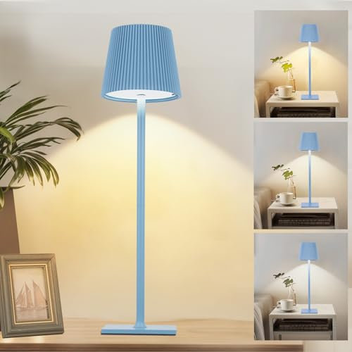 Vakola 3 in 1 Tischlampe Kabellos, 6000mAh Led Tischlampe Akku - Nachttischlampe Touch Dimmbar - Led Tischleuchte Blau, Wiederaufladbar Warmweiß(2700k-6500k), IP54 Outdoor Flaschenlampe Lumelia