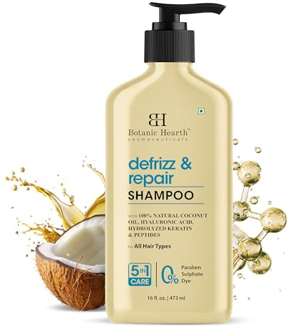 Botanic Hearth Defrizz & Repair Shampoo 473 ml | 100% Natural Coconut Oil Hyaluronic Acid Hydrolyzed Keratin & Peptides Frizz Control & Strengthening | Paraben & Sulfate-Free