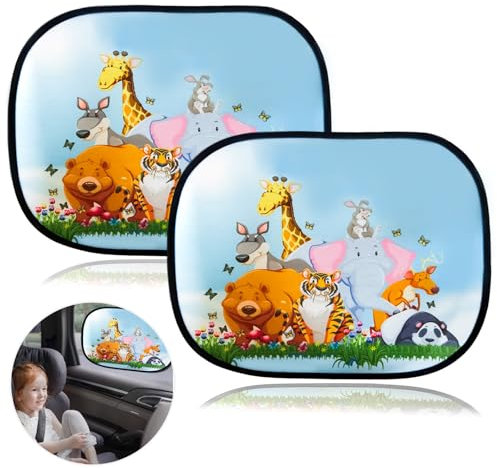 KEELYY Sonnenschutz Auto Baby, 2 Pack Auto Sonnenschutz Seitenscheibe mit UV Schutz, Autofenster Sonnenblende für Kinder mit süßen Tier Motiven - 44x36.5cm