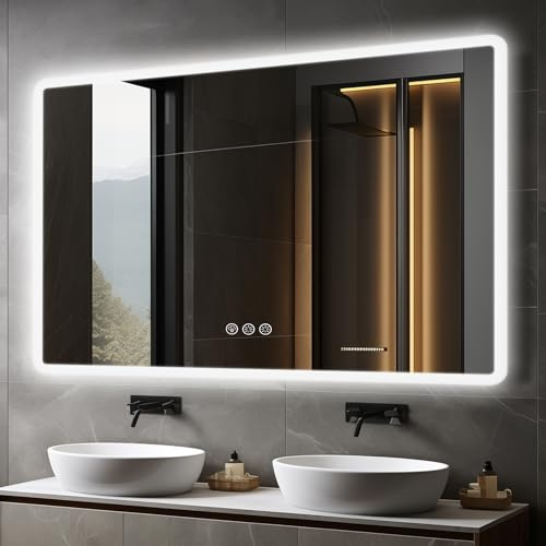 Ratsamee Badezimmerspiegel mit Beleuchtung LED, 70x100cm Spiegel mit Light, Wandspiegel mit Frontbeleuchtung, Antibeschlag, Dimmbar, mit 3 Einstellbaren Lichtfarben