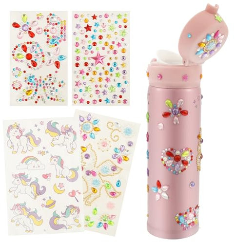 LuLobtg DIY Girls Water Bottle, Stainless Steel Sport Bottle with DIY Craft Kits, Decorate Your Own Water Bottles with 4 Stickers, Girls Birthday Presents, Arts and Crafts for Kids Ages 4-12,Pink