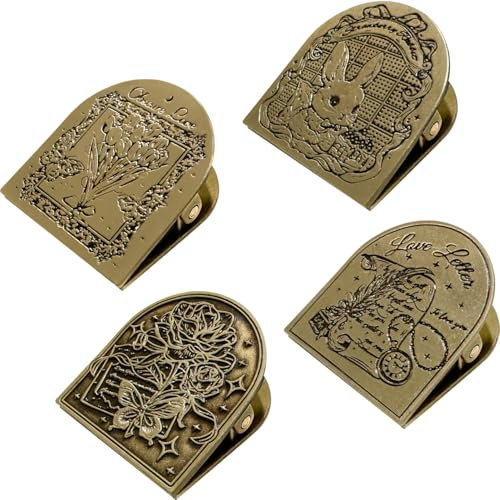 EHERDM 4Pcs Vintage Metal Clips Brass Color Book Page Holder Cute Binder Clamps for Planner Journal Documents Notebooks Tickets Elegant Gift for Women Rose+Flower+Letter+Rabbit