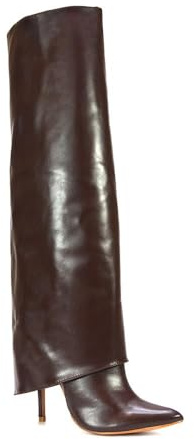 ESSEX GLAM Women's Foldover Knee High Boots Ladies Stiletto Pointed Toe Zip Brown Faux Leather Classic Party Long Shoes Size 6