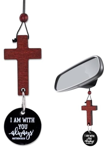 lasuroa Pendentif Croix pour Rétroviseur Voiture, Cadeau Religieux Chrétien Ornement Suspendu de Rétroviseur avec Verset Biblique Je suis Toujours avec Toi pour Décoration Intérieure Voiture (Noir)