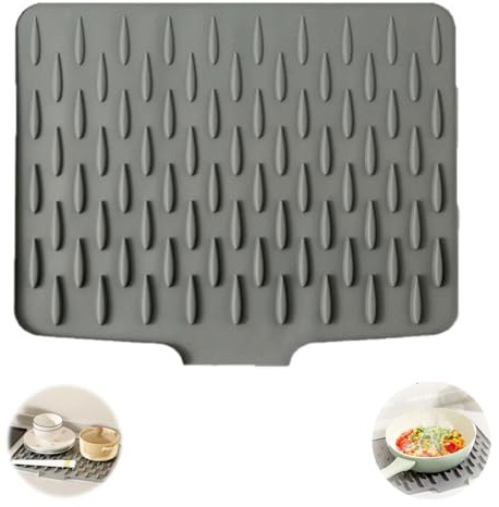DUOHERESHUI Dish Drying Mat, Dish Drying Mat with Drain Outlet, Silicone Mat with Drainage, Non-Slip, Quick Drying, for Kitchen, Sink and Bathroom, for Crockery and Cutlery (28 x 36 cm, Grey)