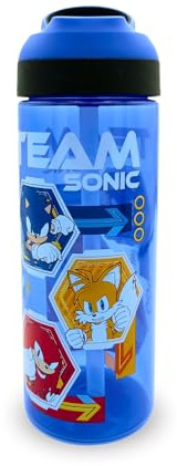 Sonic The Hedgehog Modern Hexagons Kids Water Bottle, 600ml BPA-Free Plastic, Flip Spout with Straw, Built-in Carry Loop, Leak-Proof & Easy to Clean – Blue