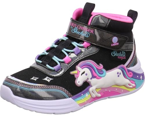Skechers S Lights Unicorn Chaser Jumping Magic Kids Hightop Sneaker Glitter Nero con unicorno.