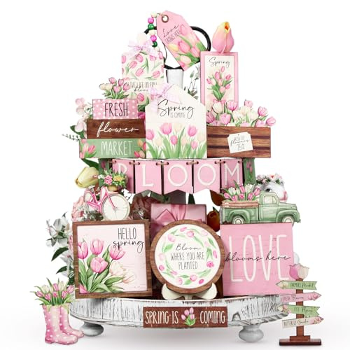 Bucherry 21 Pcs Spring Flower Tiered Tray Decor Set Farmhouse Tulip Floral Wooden Sign Rustic Spring Table Centerpieces Tulips Tiered Tray Decorations for Home Shelf Tabletop Kitchen