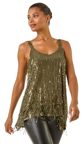 Roman Originals Tassel Sequin Chiffon Top for Women UK - Ladies Everyday Autumn Winter Sweetheart Neckline Comfy Soft Evening Vacation Work Party Night Out - Khaki - Size 18