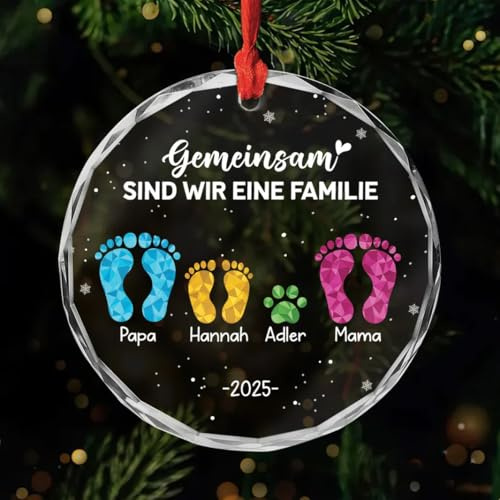 Geschenke Mall Personalisiertes Glas Ornamente - Gemeinsam Sind Wir Eine Familie Fußabdruck - Weihnachtskugel mit Namen, Personalisierte weihnachtsdeko, Personalisiert christbaumkugel (4 Mitglieder)