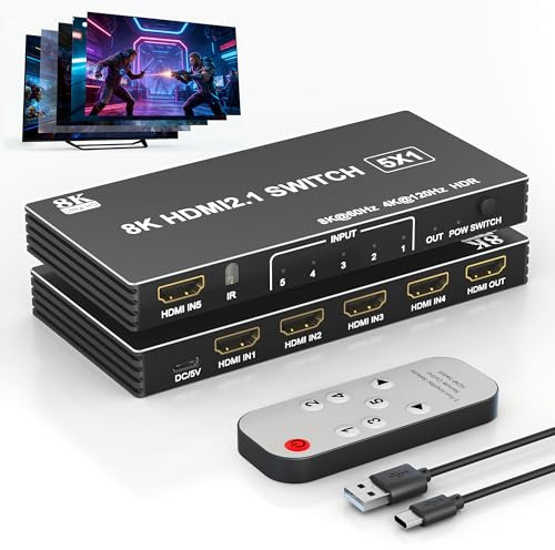 8K HDMI Splitter 5 Ports - 8K@60Hz HDMI Switch 5 in 1 Out – 5 Port HDMI-Umschalter mit Remote HDR10+ HDCP2.3 CEC HDMI 2.1 3D, Aluminium Switcher für PS5/4/3 DVD-Player Roku PC Fire Stick TV Xbox VR