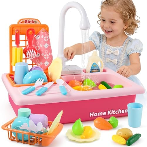 Mini Tudou Jouets évier de Cuisine, Lavabo Enfant avec Eau Rose