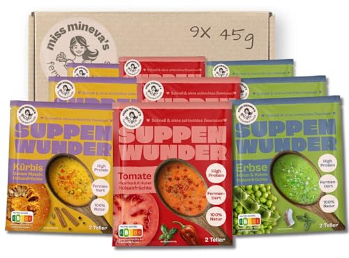Miss Mineva's Suppenwunder Mix - Tomate, Erbse, Kürbis | 100% natürlich, fermentiert, High Protein & vegan | Ohne Industriezucker | Ohne künstliche Zusätze | Instant Tütensuppe | 9 × 45 g
