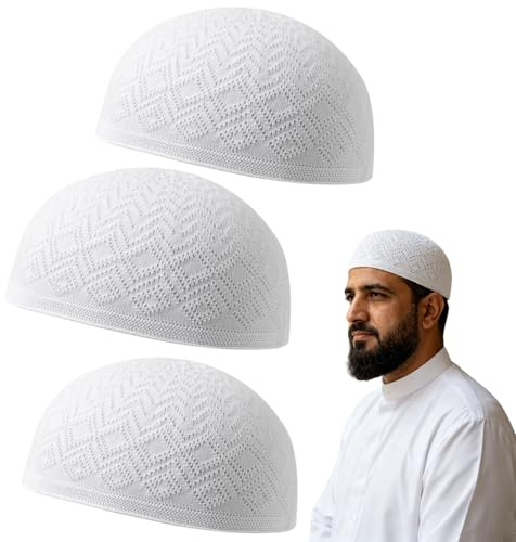 Queerelele 3 Stück Muslimischer Hut,türkische Kufi-Mützen für Männer,Muslimische Islamische Gebetsmütze,Islamische Gebetsmützen,Herren Totenkopfmütze für Taqiyah Takke, Kopfbedeckung,Gebetskappe