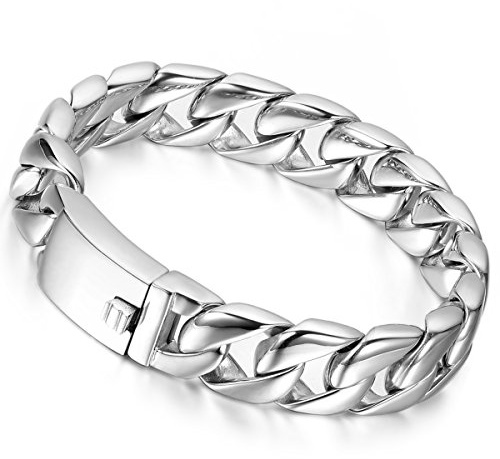 Flongo Herren-Armband Männer Armband Groß Panzerkette, Breit Herrenkette Cuban Curb Kette Fahrradkette Silber Motorradfahrer Biker Herren-Accessoires