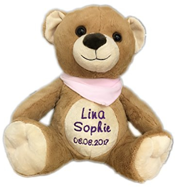 KIDDI-MEDIA Teddy Bär mit Name & Geburtsdatum Bestickt/Geschenk zur Taufe Geburt/personalisiert 30 cm (Halstuch: Rosa (MÄDCHEN)