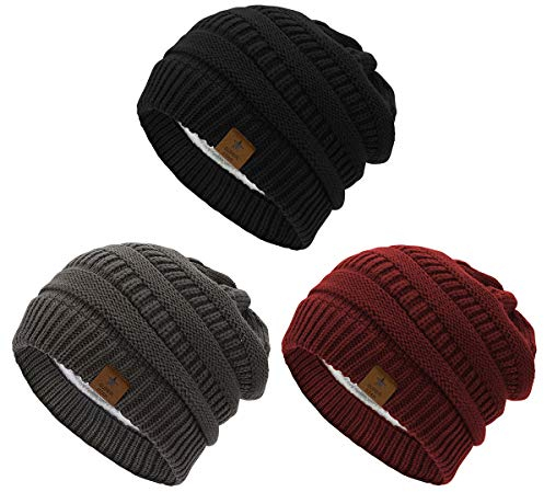 Durio Mütze Damen Winter Strickmütze Grobstrick Warme Beanie mit Innenfutter 3er Set B