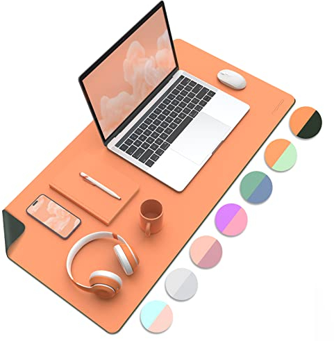 MoKo Schreibtischunterlage, 80 x 40cm PU Leder Laptop Tischunterlage, Wasserdichte Schreibtischmatte Rutschfeste Schreibtischauflage, Doppelseitiges Office Mauspad für Büro/Zuhause, Grün + Orange
