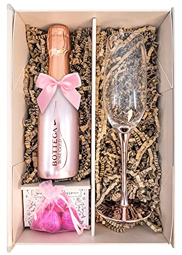 Bottega Rose Gold Spumante Sparkling Wine 20cl Gift Set With Sparkling Pink Champagne Flute, Chocolates And Gift Box - Congratulations or Thank you Gift With Personalised Gift Message (Metallic Stem)