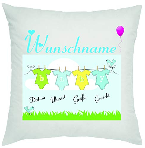 Crealuxe Kissen zur Geburt mit Wunschnamen 3 Motiv Wäscheleine Zierkissen, Sofakissen, bedrucktes Kissen, Bauwollkissen