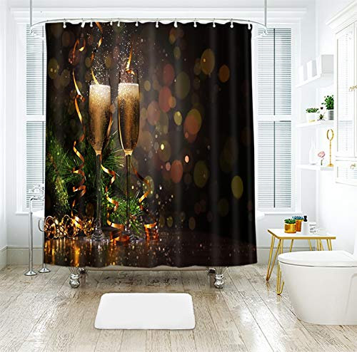 KnSam Duschvorhang, Weihnachtsbaumglocke Weinglas Anti-Schimmel Wasserdicht Vorhänge Polyester An Badewanne Bad Vorhang Für Badezimmer Inkl. 12 Duschvorhangringen Grün Braun 150X180Cm