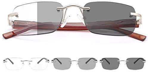 LJIMI Randlos Photochrome Bifokale Lesebrille Federscharnier Uebergang Sonnenbrille Blau Licht Blockieren Computer Brillen UV400 Schutz Bifocal Sonne Leser für Damen Herren Blendschutz Gläser Brille