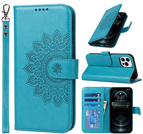 ELTEKER Cover per iPhone 12/12 Pro, Custodia in Pelle con Slot per Scheda e Funzione di Supporto, Flip Libro Pieghevole, Blu