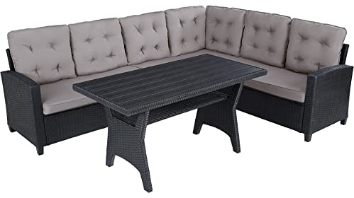 tectake® Gartenbank, Set mit Bank und Esstisch, Rattan Eckbank Outdoor Lounge, Sitzecke wetterfest als Gartenlounge, Balkon Möbel, Wintergarten, Terrasse - schwarz