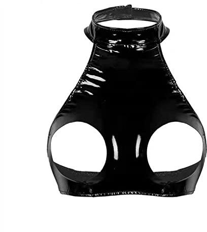 Womens Sexy Shiny PVC Patent Leather Bra Bustier Bra Top Lingerie Bralette Crop Tops Bikinis Wet Look Clubwear Black (XL)