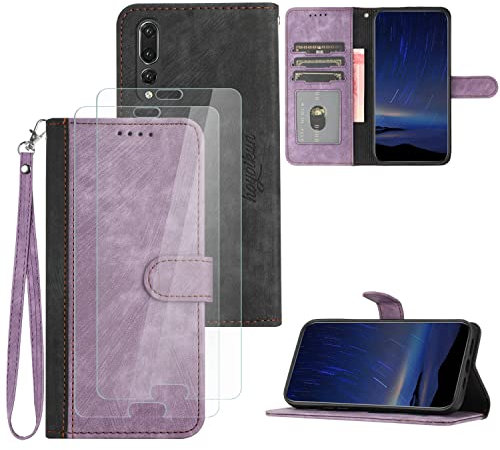 Hoyoikun Flip Custodia in Pelle PU Premium per Huawei P20 PRO+(2 Pezzi Vetro Temperato).Custodia Sottile in Pelle per Telefono,Premium PU/TPU,Supporto Stand,Chiusura Magnetica viola-viola