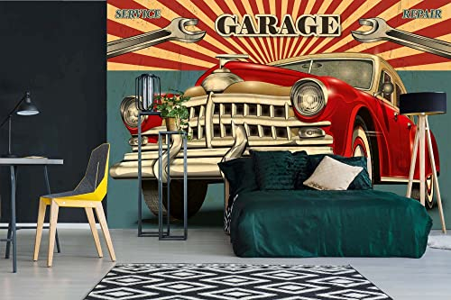 Vlies Fototapete VINTAGE GARAGE RETRO PLAKAT 375 x 250 cm (inkl. Kleister) - Vlies Tapete, Wandtapete, Wandbilder - Tapete für Wohnzimmer Schlafzimmer, Büro, Küche - Montagefertig