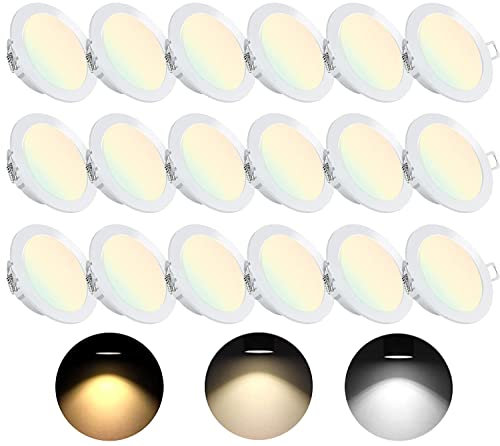 18er Set 4W LED Einbaustrahler Dimmbar, Ultra Flach Led Spots 3000K/4000K/6000K Steuerung per Schalter, IP44 Wasserdicht Einbauleuchten, 230V LED Deckenspots für Badezimmer Küche, Ø75-85mm Lochgröße