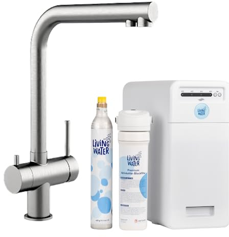 Living Water Sprudel-Wasserhahn mit Kohlensäure, Untertisch-Trinkwassersystem mit 5-Wege-Edelstahl-Armatur, LivingTap Pro Sprudelwasser aus dem Hahn mit L-Auslauf
