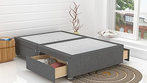 DBZ BEDS 2 FT 6 Small Single Bed Base - Grey Linen Divan Bed Base with 2 Drawers Same Side – Chrome Glider Feet and Fabrics