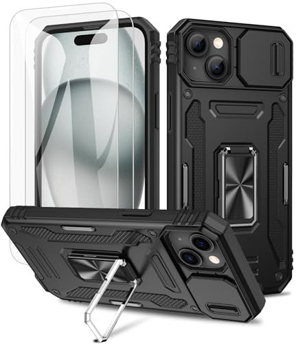 Maxdara Coque Telephone pour iPhone 15, avec Coque d'Appareil Photo, Anneau Rotatif Intégré et Protection d'Écran en Verre Avant pour iPhone 15 de 6,1'', Noir