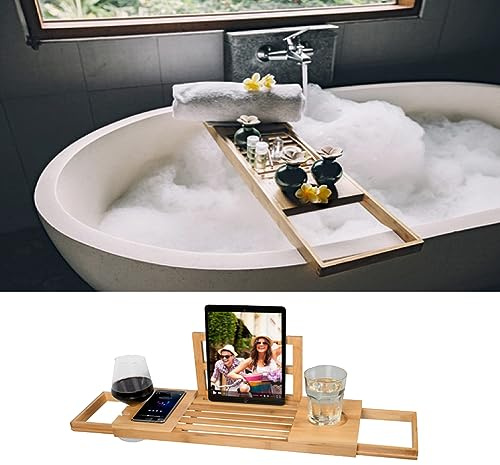 Mojawo Badewannenregal Badewannenablage verstellbares Badewannenbrett aus Bambusholz ökologisch nachhaltig - rutschfeste Badewannenablage hält Buch, iPad, Telefon, Glas oder Kerze UVM.