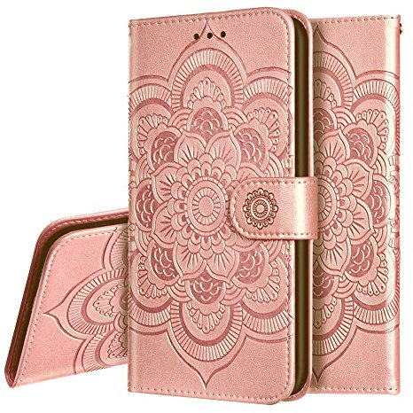 IMEIKONST Coque Compatible avec iPhone 15, Flip Housse Embossed Cuir Porte-Cartes de Crédit Portefeuille Magnétique Stand Étui à Rabat Coque pour iPhone 15. Mandala Rose Gold LD