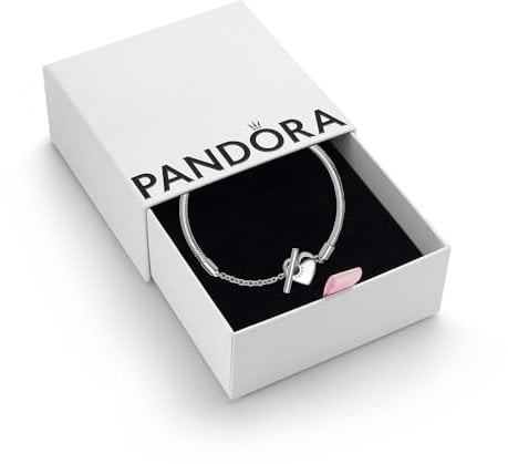 PANDORA Moments Women's Sterling Silver Heart T-Bar Snake Chain Bracelet, Size 17, With Gift Box