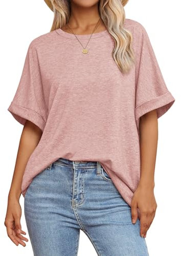 ATHMILE Womens Oversized T Shirts Loose Fit Crewneck Short Sleeve Summer Casual Blouse 2024 Y2K Tee Tops, Light Pink, L