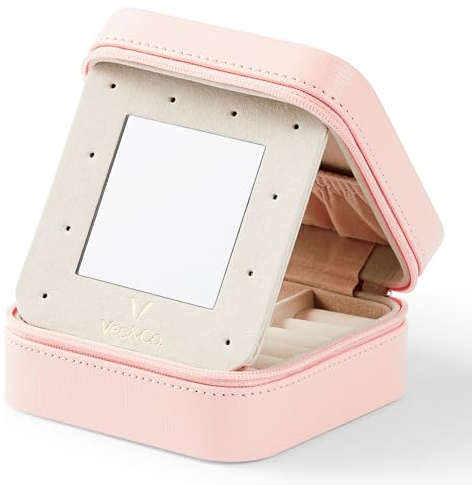 Vee Schmuckkästchen Reise,Klein Schmuckkasten für Damen,Schmuckaufbewahrung tragbar,Spiegel,aus PU-Leder,Schmuck-Reiseetui 10 * 10 * 5cm,Geschenkidee,Rosa