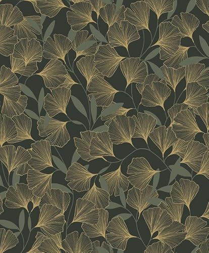 Papier peint noir et doré, feuilles de ginkgo
