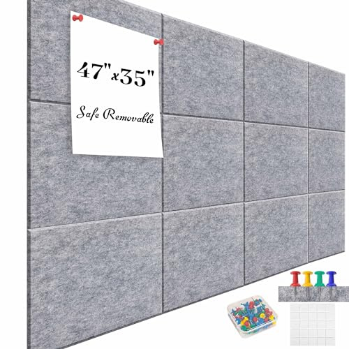 Filz-Wandfliesen aus Filz, 12 Stück, 119,4 x 88,9 cm, große Korktafel/Korkfliesen, alternative, sichere abnehmbare Filztafeln für Wände, Filztafel für Büro, Filz-Pinnwand, Hellgrau