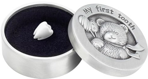 FINGERINSPIRE Scatola dei ricordi Il mio primo dente in argento anticato, con orsi a forma di colonna, confezione regalo con velluto interno, organizer per la raccolta dei denti, scatola regalo, il